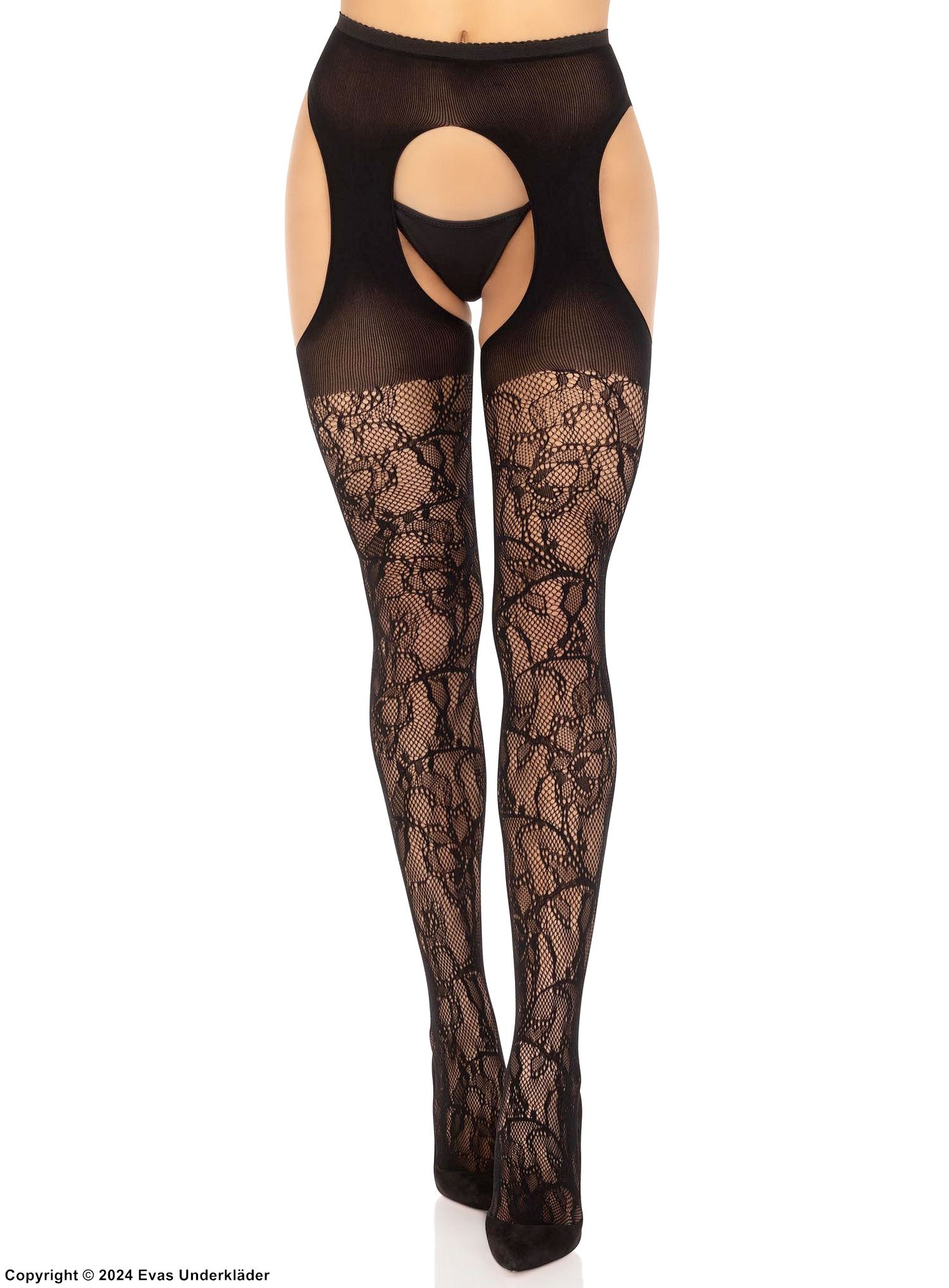 Suspender pantyhose, stretch lace, flowers